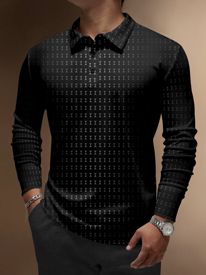 Geometric Button Long Sleeves Casual Polo Shirt
