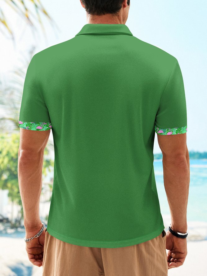 Tropical Plant Flamingo Button Short Sleeve Vacation Polo Shirt