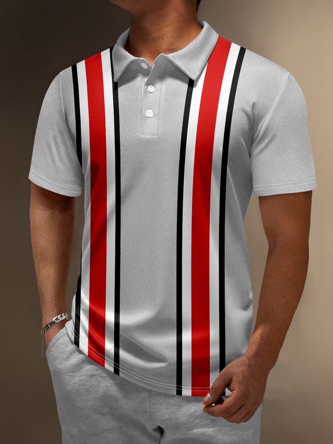 Striped Button Short Sleeve Bowling Polo Shirt