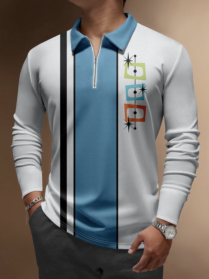 Mid Century Geometric Zip Long Sleeve Bowling Polo Shirt