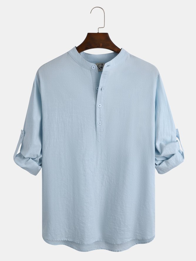 Big Size Cotton Plain Casual Stand Collar Long Sleeve Shirt