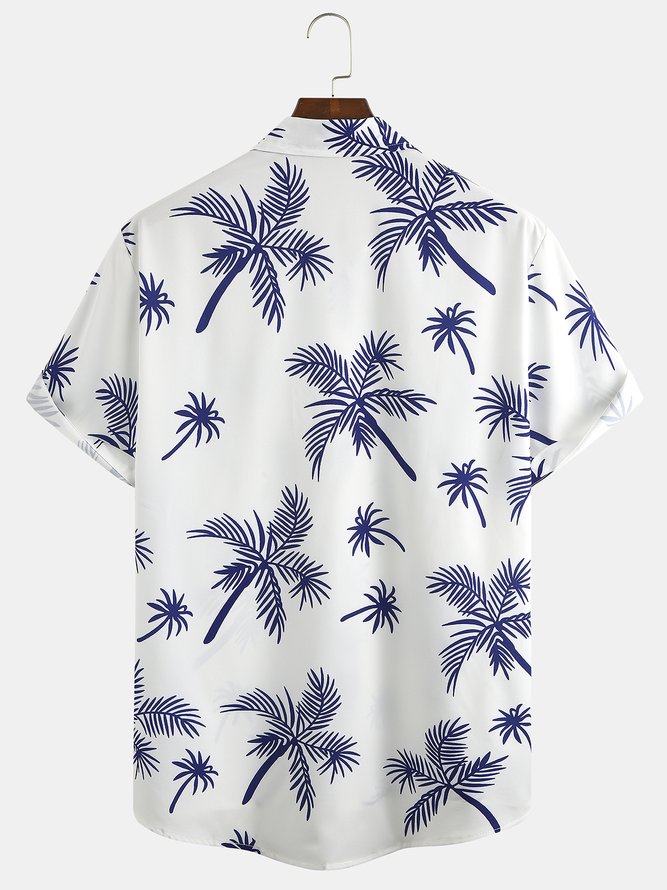 Mens Tropical Leaves Print Short Sleeve Shirt Loose Chest Pocket Hawaiian Shirt