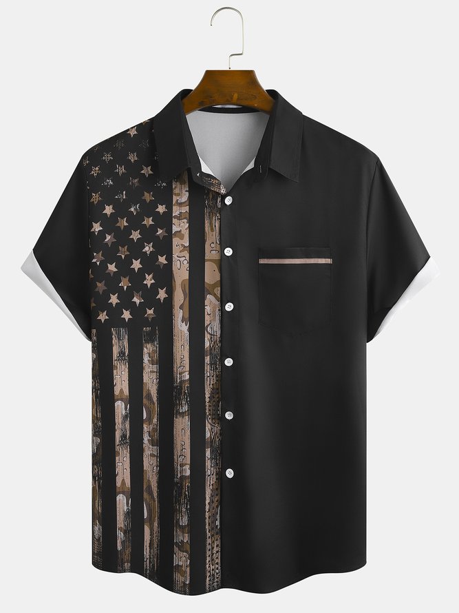 Mens American Flag Print Lapel Loose Short Sleeve Shirt Trendy Hawaiian Shirt