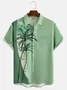 Resort Style Hawaiian Series Geometric Stitching Plant Coconut Tree Element Pattern Lapel Short-Sleeved Chest Pocket Shirt Printed Top