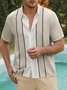 Mens Striped Front Buttons Bowling Short Sleeve Shirt Chest Pocket Casual Top