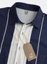 Mens Retro Striped Print Lapel Loose Chest Pocket Short Sleeve Classic Bowling Shirt
