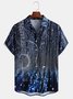 Mens Rock Roll Guitar Print Front Buttons Soft Breathable Chest Pocket Casual Hawaiian Shirt