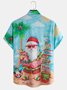 Mens Christmas Santa Surfing Print Front Buttons Short Sleeve Shirt Chest Pocket Casual Hawaiian Top
