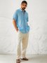 Mens Solid Casual Button Down Linen Lapel Short Sleeve Shirt With Pocket 