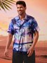 Mens Coconut Tree Sunset Print Short Sleeve Shirt Hawaiian Casual Chest Pocket 