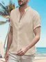 Men's Plain Lapel Cotton Linen Short Sleeve Henley Shirt