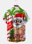 Mens Christmas Santa Surfing Print Short Sleeve Shirt Front Buttons Chest Pocket Casual Hawaiian Top