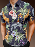 Resort-Style Hawaiian Floral Coconut Tree Element Lapel Short-Sleeved Polo Print Top